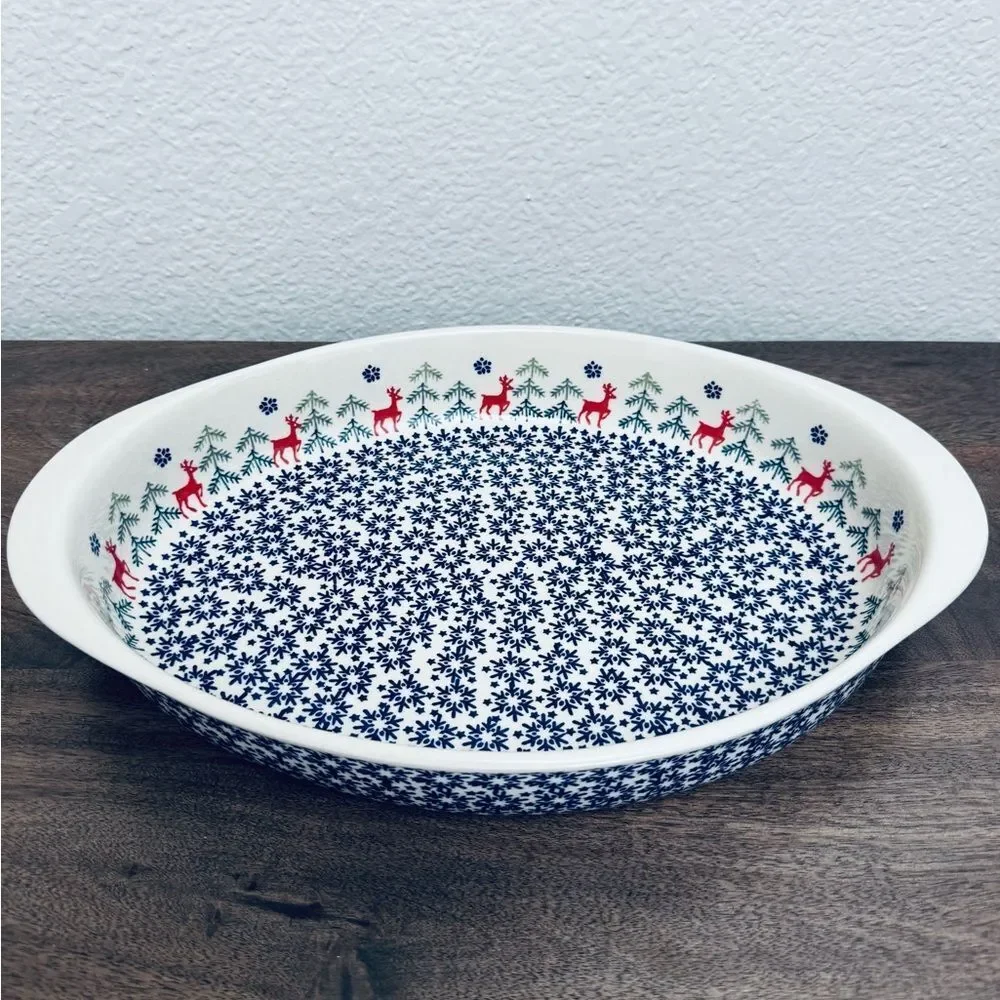 Boleslawiec Polish Pottery Christmas Holiday Reindeer Casserole Baking Dish